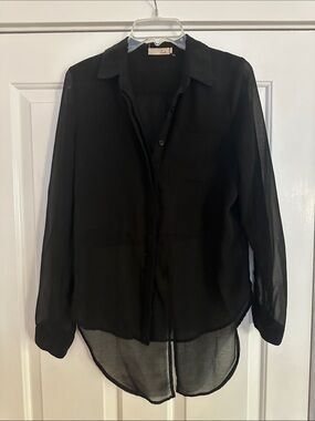 Lush Black Sheer Button-Down Blouse
